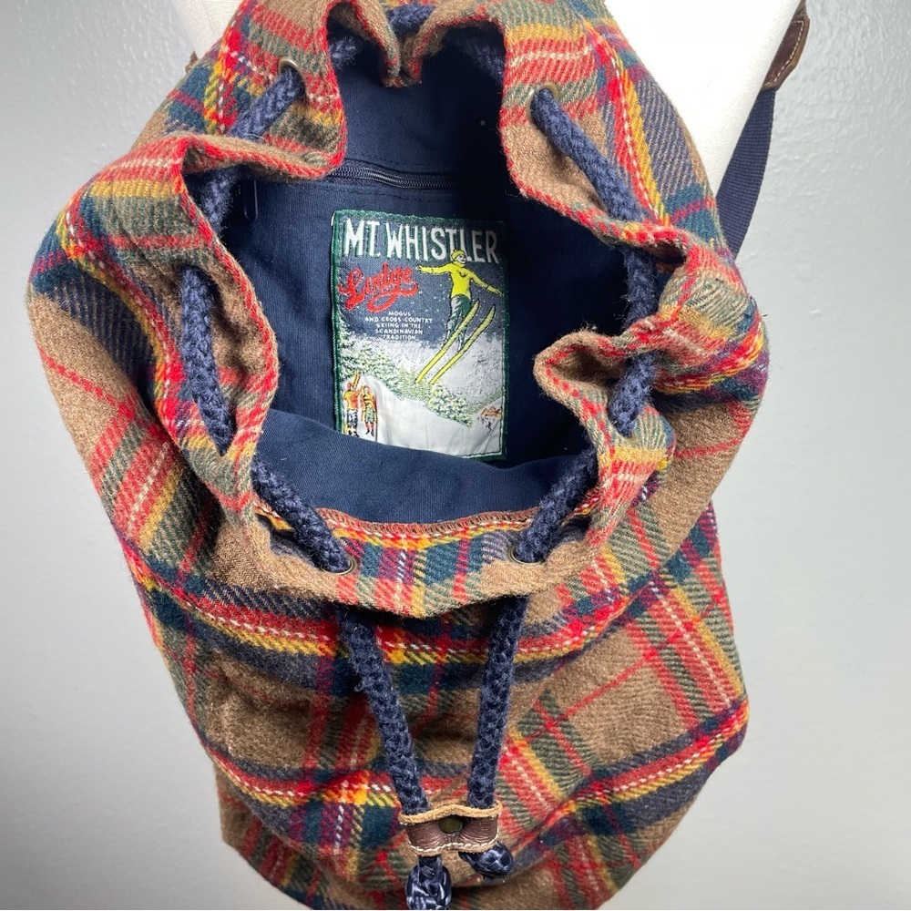 VINTAGE 90s GAP Mt. Whistler Brown Tartan Plaid Drawstring Wool Bucket Backpack - Picture 3 of 16